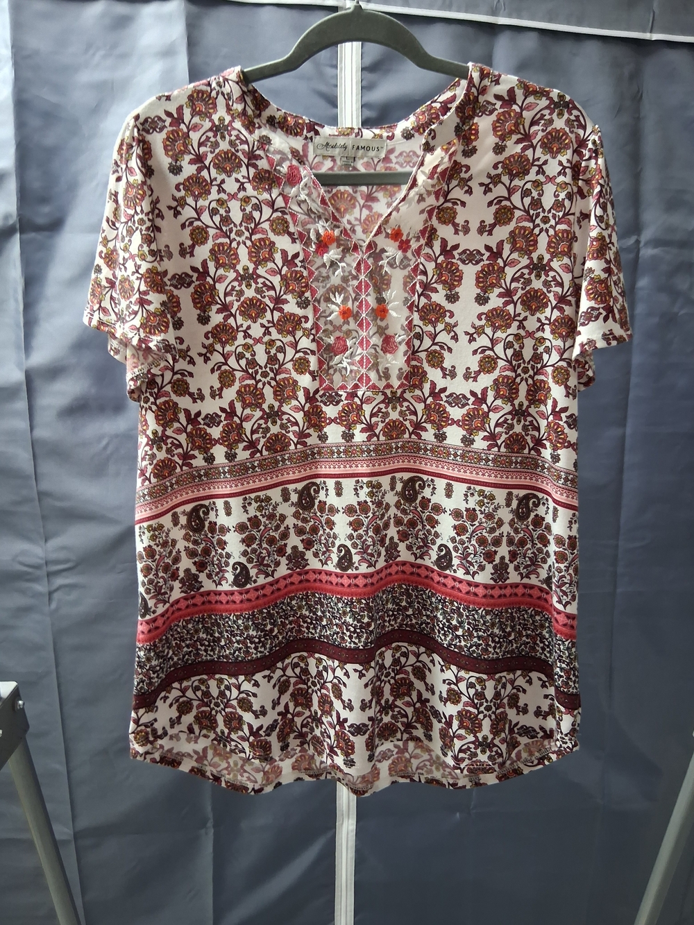 Absolutely Famous Cream Floral Border-Print Split-Neck Blouse